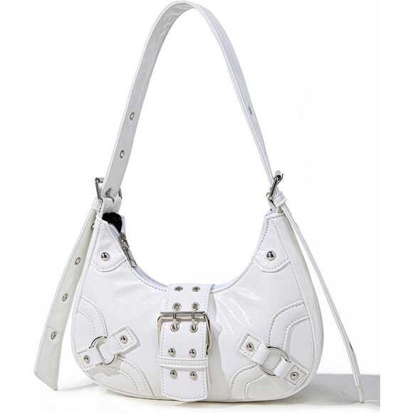Women's Studded PU Leather Tote Handbag Adjustable Strap Boho Bags -White - Picture 8 of 11